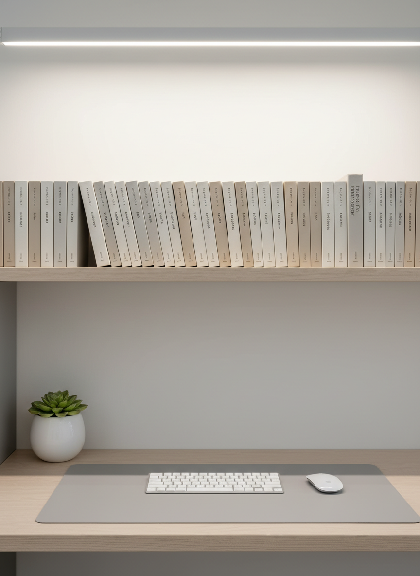 A collection of neatly stacked, neutral-hued hardcover books with understated spine lettering, arrayed at precise angles on a pale wooden shelf. The shelf rests against a smooth, off-white wall above a tidy cubicle workspace adorned with a single potted succulent in a glossy white planter. Overhead, soft ambient lighting casts gentle, even illumination, reducing shadows and enhancing the orderly feel. The composition employs rule of thirds, drawing the eye along the length of the books, with sharp focus and clean lines defining every element. The mood is composed and intellect-driven, echoing the professional essence of a well-organized corporate blog. Photographic realism and minimalist aesthetic prevail.